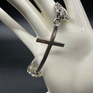 Vintage Spoon Bracelet Cross Charm Magnetic Clasp Silver Toned Smiths Retro